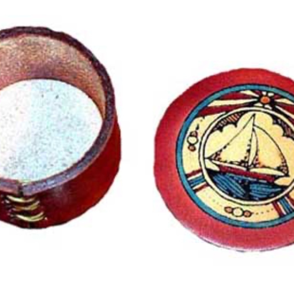 SAILBOAT, HANDPAINTED LEATHER BOX WITH LID, 2 IN. DIA x 1 3/8 IN. HIGH, HANDMADE